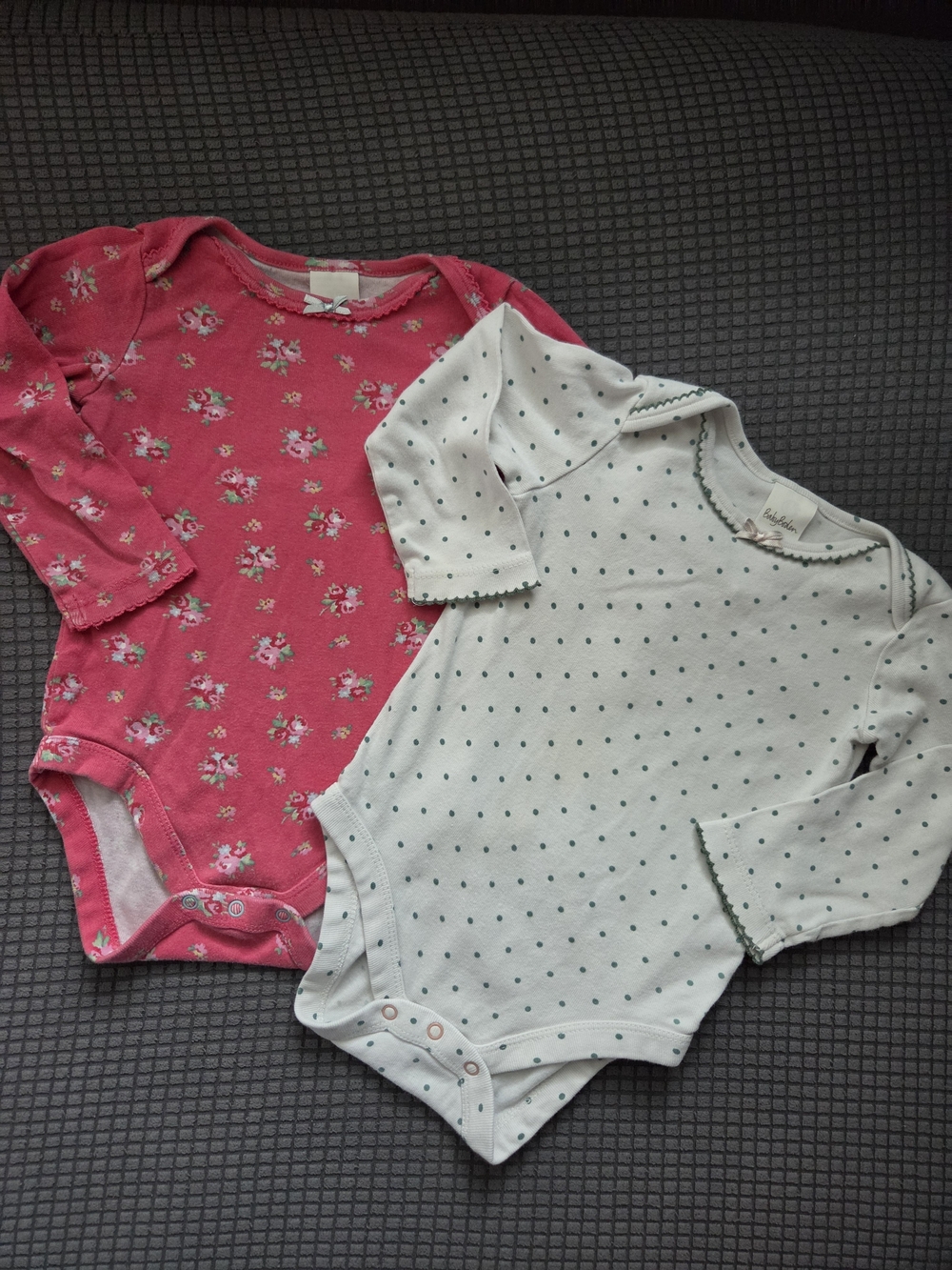 Baby Boden Long-Sleeve Cotton Bodysuits - Pink Floral & Cream Dot (2-Pack) 6-12M